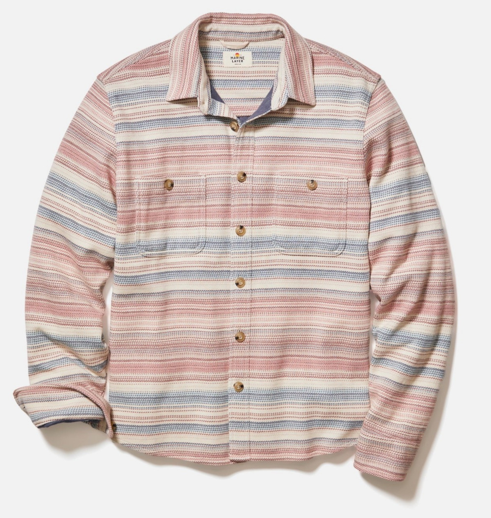 MARINE LAYER Mens Pacifica Stretch Twill Shirt Warm Baja Stripe Medium NWT